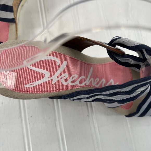 Skechers Womens Size 9 Navy Stripe Cork Platform Wedge Sandals Elastic Straps - Picture 4 of 9